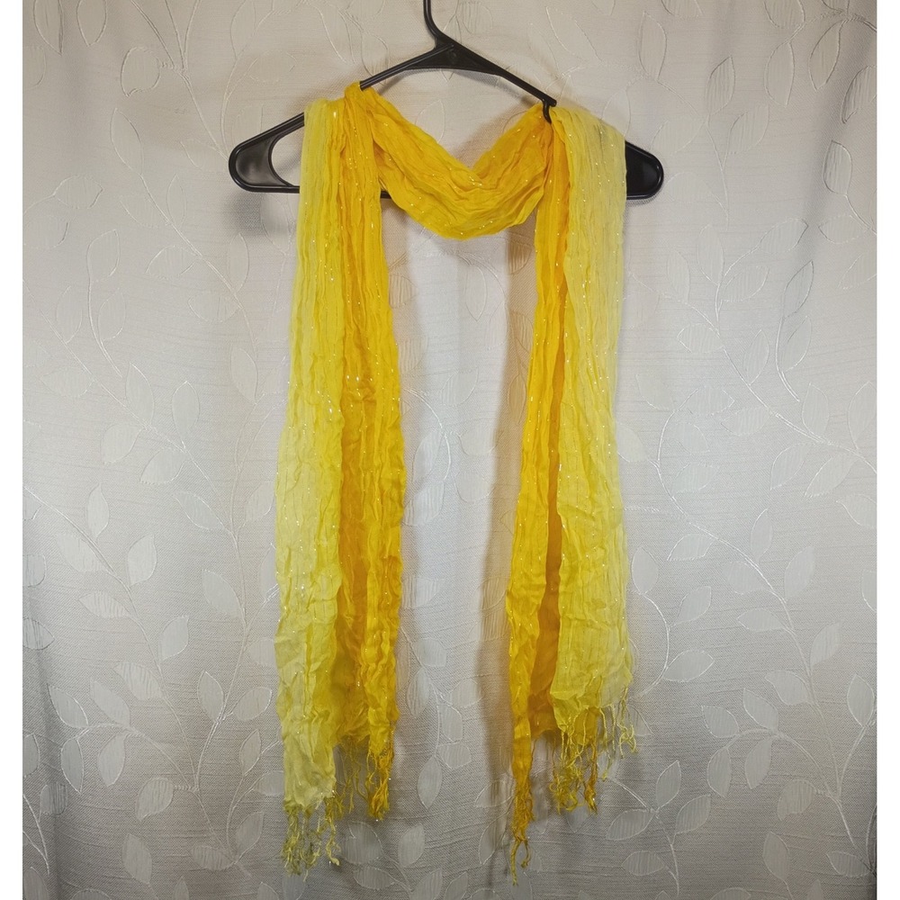 Yellow Boho Crinkle Scarf Silver Metallic Shimmer Stripe Fringe